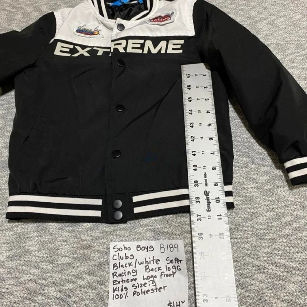 Soho Boys Club Black/white Super Racing Back Logo KidsJacket Size 5. SKU-B189